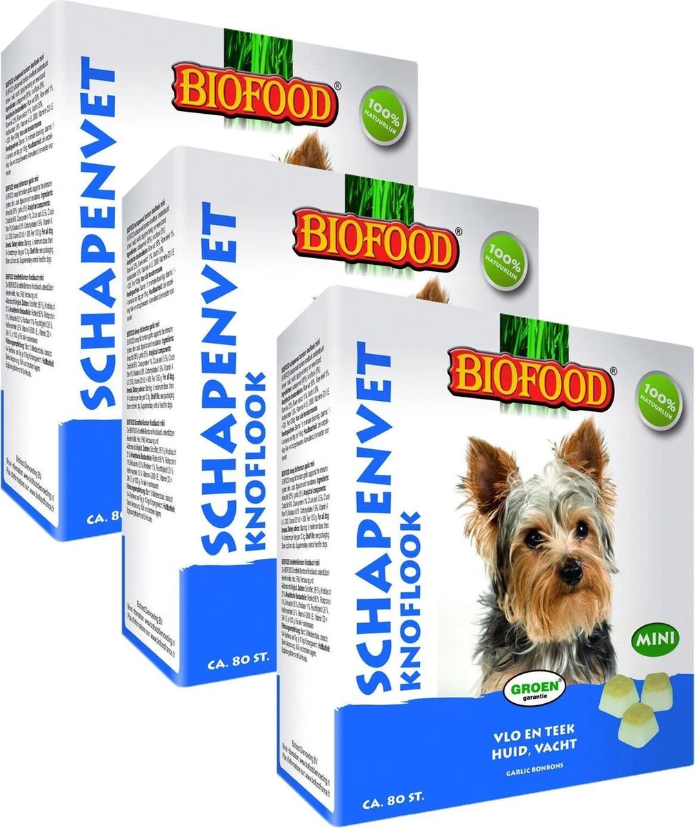 Biofood Mini Schapenvetbonbons Met Knoflook - Hond - Voedingssupplement - 3 X 80 Bonbons 3 Biofood Mini Schapenvetbonbons Met Knoflook - Hond - Voedingssupplement - 3 X 80 Bonbons