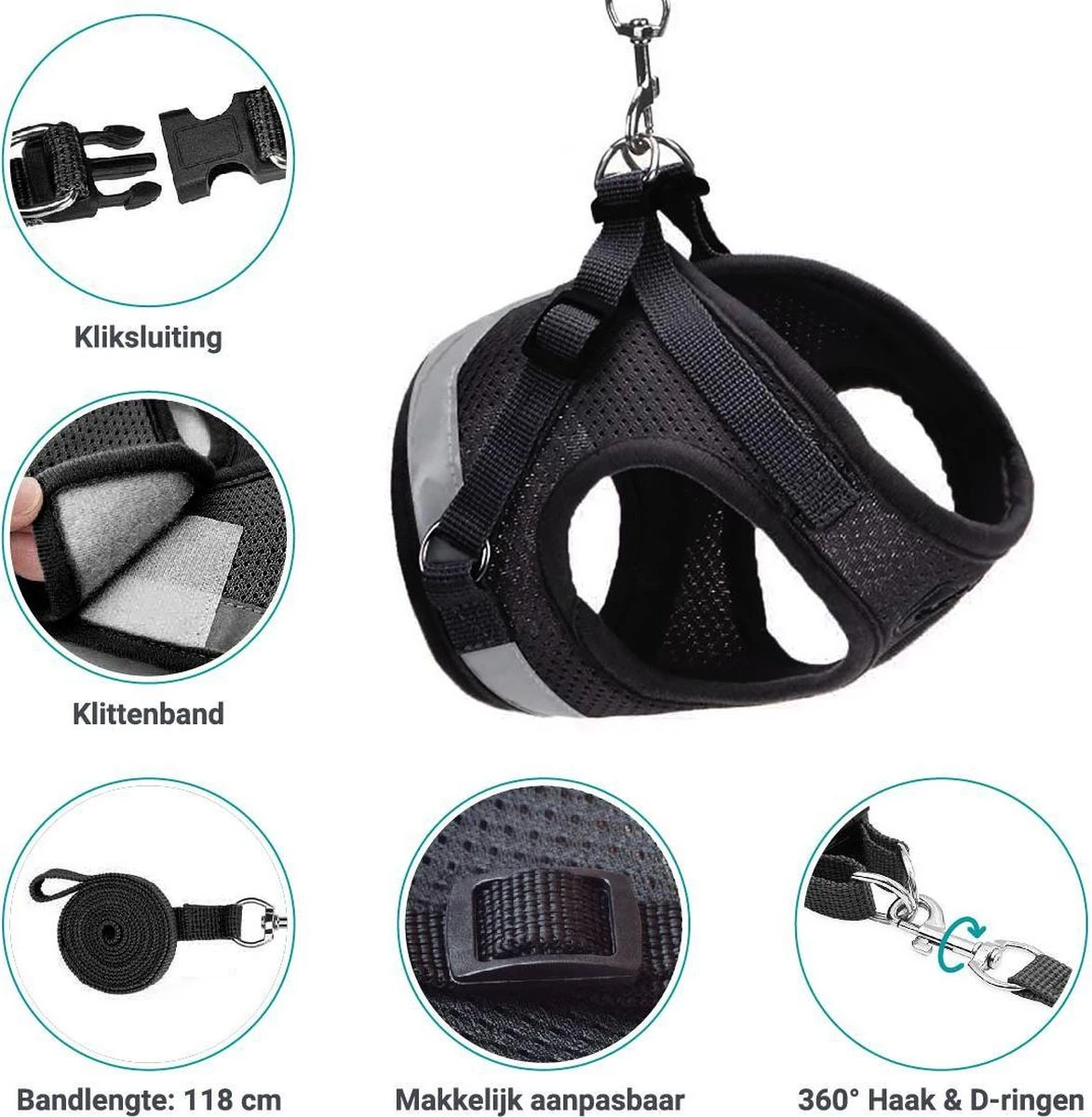 Hondentuig, Hondenharnas Met Hondenriem – Reflecterend - Zwart – Maat L (borst 40-45 Cm) 8 Hondentuig, Hondenharnas Met Hondenriem – Reflecterend - Zwart – Maat L (borst 40-45 Cm) - Image 6