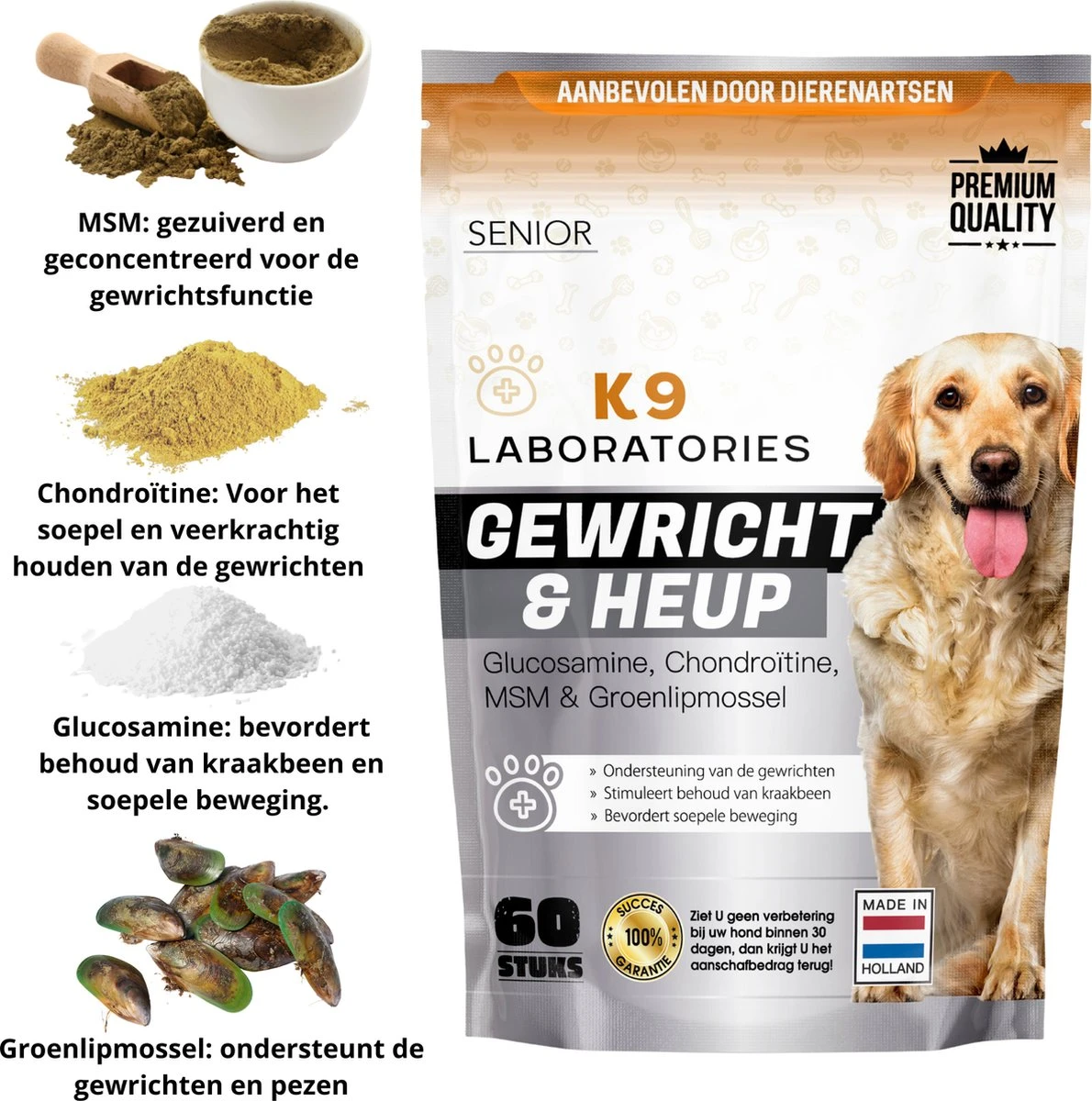 K9 Laboratories Gewricht & Heup Senior - 60 Stuks - Voor Oude Honden - Collageen - Glucosamine - Spirulina - Groenlipmossel 4 K9 Laboratories Gewricht & Heup Senior - 60 Stuks - Voor Oude Honden - Collageen - Glucosamine - Spirulina - Groenlipmossel - Image 2