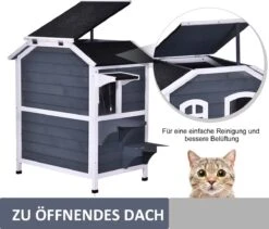 PawHut Kattenhuis Voor Buiten Kattenhut Met 2 Verdiepingen Kattenvilla, Asfaltdak, Massief Hout Grijs D30-236 -Huisdierbenodigdheden Korting 1200x1026 9