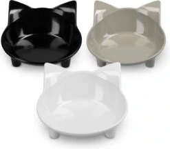 Navaris Voerbakjes Voor Katten - Set Van 3 Voer- En Waterbakken - Met Kattenkopjes Vorm - Antislip - Etensbakjes In Grijs, Wit En Zwart