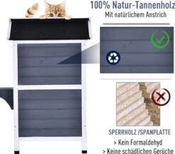 PawHut Kattenhuis Voor Buiten Kattenhut Met 2 Verdiepingen Kattenvilla, Asfaltdak, Massief Hout Grijs D30-236 -Huisdierbenodigdheden Korting 1200x1054 6