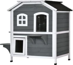 PawHut Kattenhuis Voor Buiten Kattenhut Met 2 Verdiepingen Kattenvilla, Asfaltdak, Massief Hout Grijs D30-236 -Huisdierbenodigdheden Korting 1200x1074 8