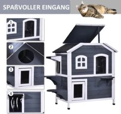 PawHut Kattenhuis Voor Buiten Kattenhut Met 2 Verdiepingen Kattenvilla, Asfaltdak, Massief Hout Grijs D30-236 -Huisdierbenodigdheden Korting 1200x1130 8
