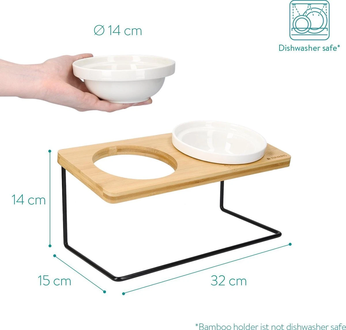 Navaris Verhoogde Voerbakset Met Standaard - 2 Keramische Voerbakken Met Houder Van Bamboe En Metaal - Voer- En Drinkbak Voor Kat En Hond - Antislip 7 Navaris Verhoogde Voerbakset Met Standaard - 2 Keramische Voerbakken Met Houder Van Bamboe En Metaal - Voer- En Drinkbak Voor Kat En Hond - Antislip - Image 5