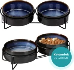 Homefy Voerbak Hond/Kat - Metalen Standaard - 2 X 400 ML - Zwart/Blauw