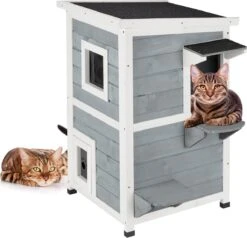 Relaxdays Kattenhuis Buiten - Groot Kattenhok Binnen - Hoog Kattenmeubel Grijs Hout - Tuin