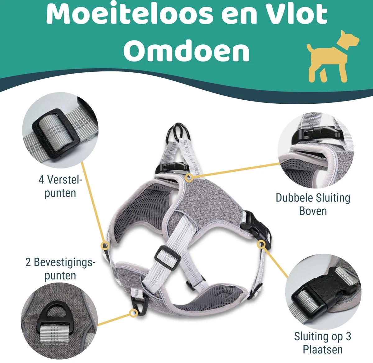 Mmoods Hondentuigje Grijs - Anti-Trek Tuig Voor Puppy's - Hondenharnas Voor Kleine Honden - Reflecterende Halsband Hond - Hondenhalsband Maat S 10 Mmoods Hondentuigje Grijs - Anti-Trek Tuig Voor Puppy's - Hondenharnas Voor Kleine Honden - Reflecterende Halsband Hond - Hondenhalsband Maat S - Image 8