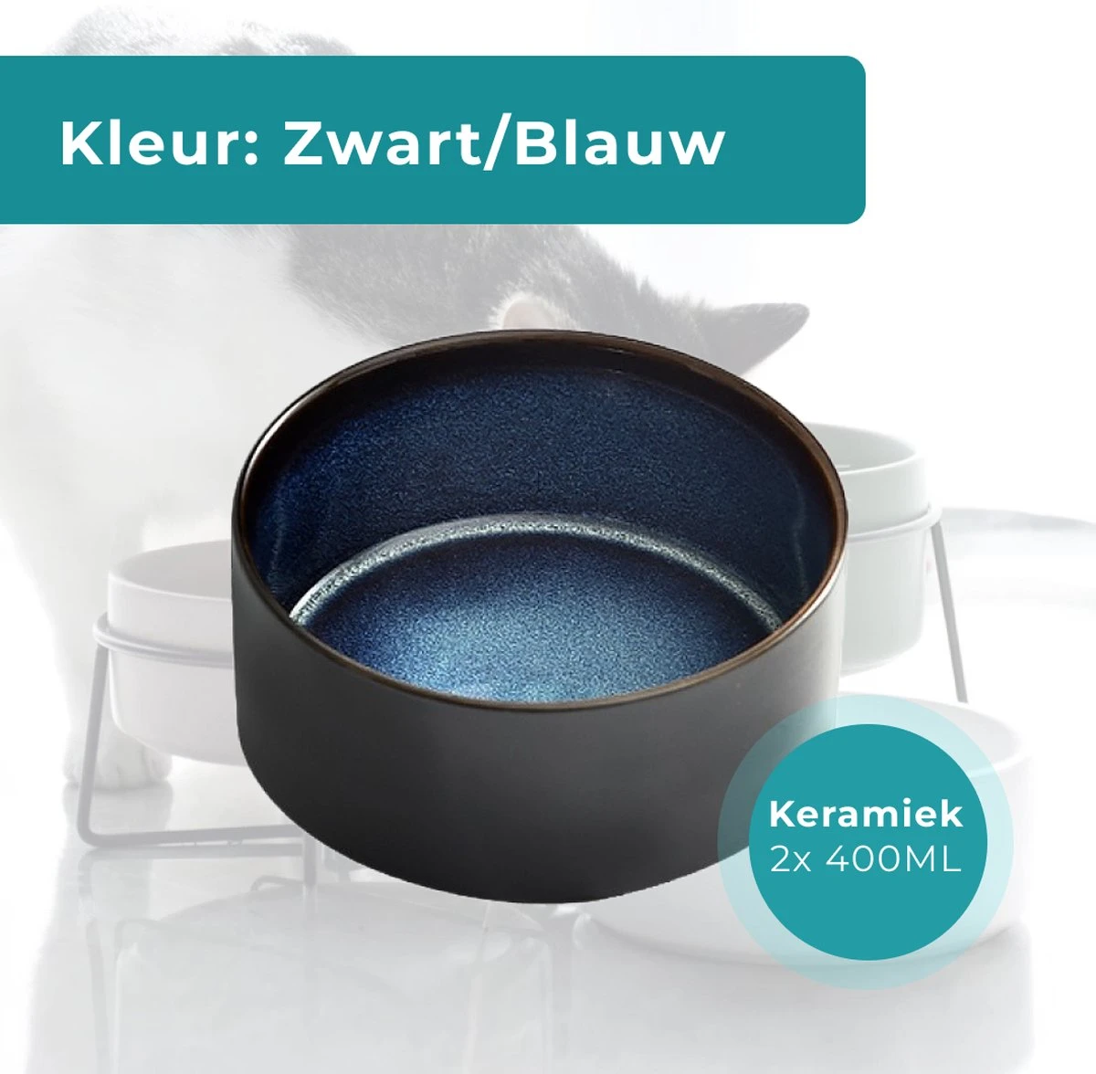 Homefy Voerbak Hond/Kat - Metalen Standaard - 2 X 400 ML - Zwart/Blauw 8 Homefy Voerbak Hond/Kat - Metalen Standaard - 2 X 400 ML - Zwart/Blauw - Image 6