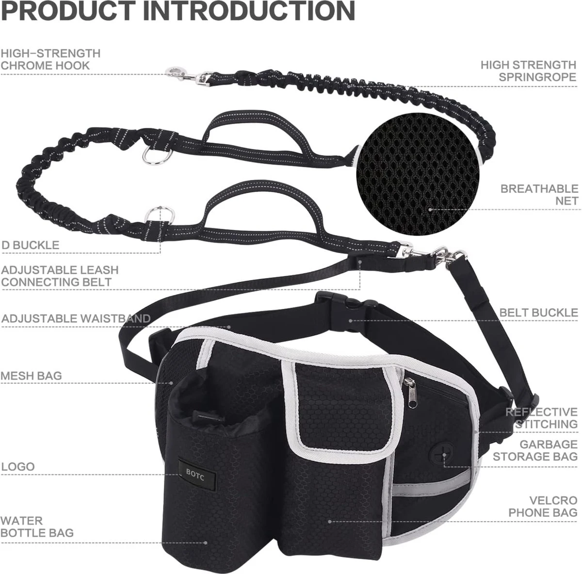 BOTC Looplijn Hond Met Heupriem Voor Hardlopen - Hondenriem - Zwart 5 BOTC Looplijn Hond Met Heupriem Voor Hardlopen - Hondenriem - Zwart - Image 3
