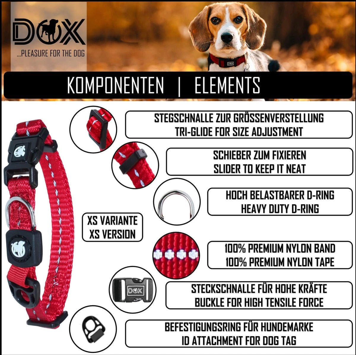 DDOXX Hondenhalsband Nylon, Reflecterend, Verstelbaar | Voor Kleine & Grote Honden | Halsband Hond Kat Puppy | Hondenhalsband Groot Breed | Kattenhalsband Puppy Halsband Klein | Rood, XS 4 DDOXX Hondenhalsband Nylon, Reflecterend, Verstelbaar | Voor Kleine & Grote Honden | Halsband Hond Kat Puppy | Hondenhalsband Groot Breed | Kattenhalsband Puppy Halsband Klein | Rood, XS - Image 2