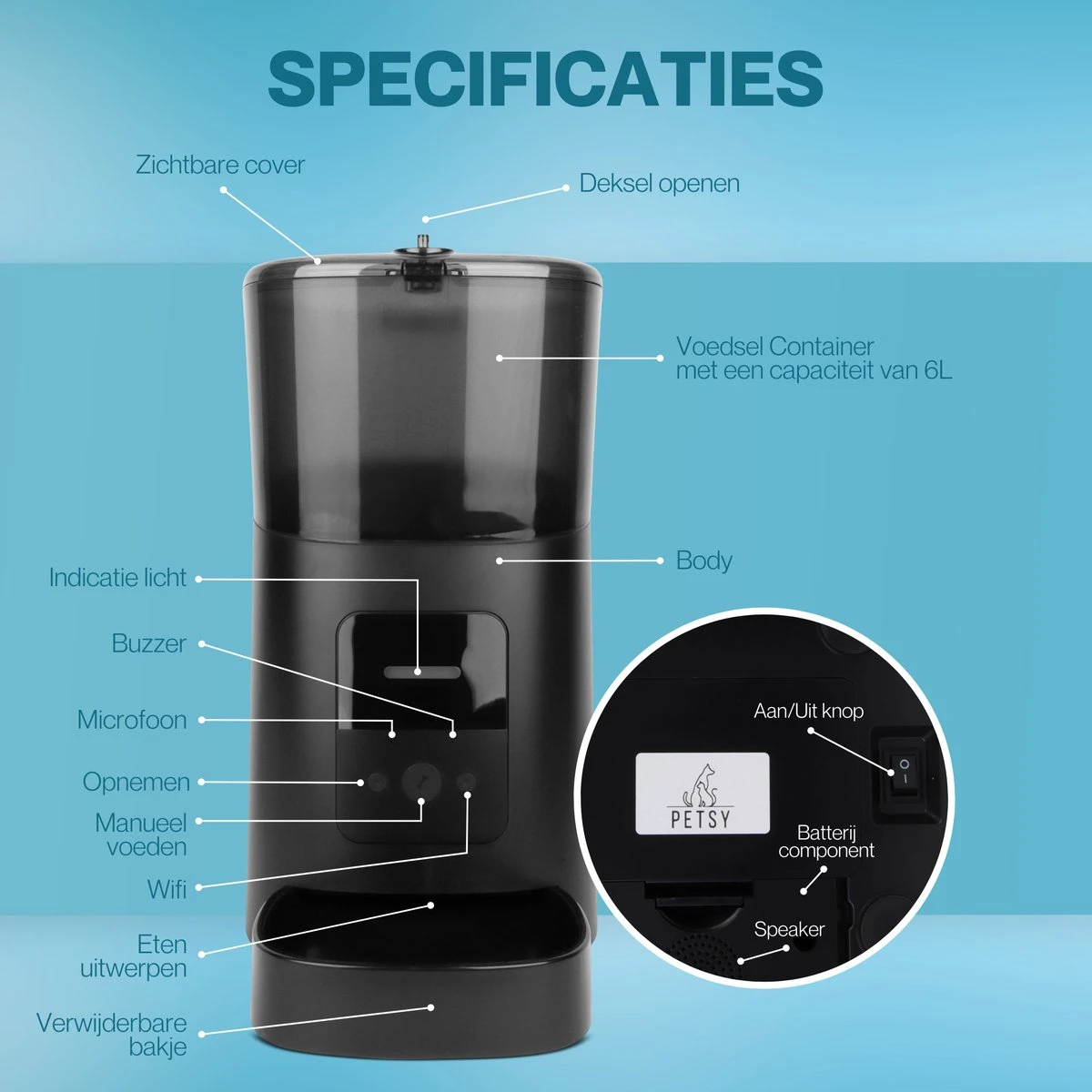 Petsy Ways Automatische Voerbak - Voor Hond & Kat - Voerdispenser - Met Wifi - Microfoon - 6 Liter 4 Petsy Ways Automatische Voerbak - Voor Hond & Kat - Voerdispenser - Met Wifi - Microfoon - 6 Liter - Image 2