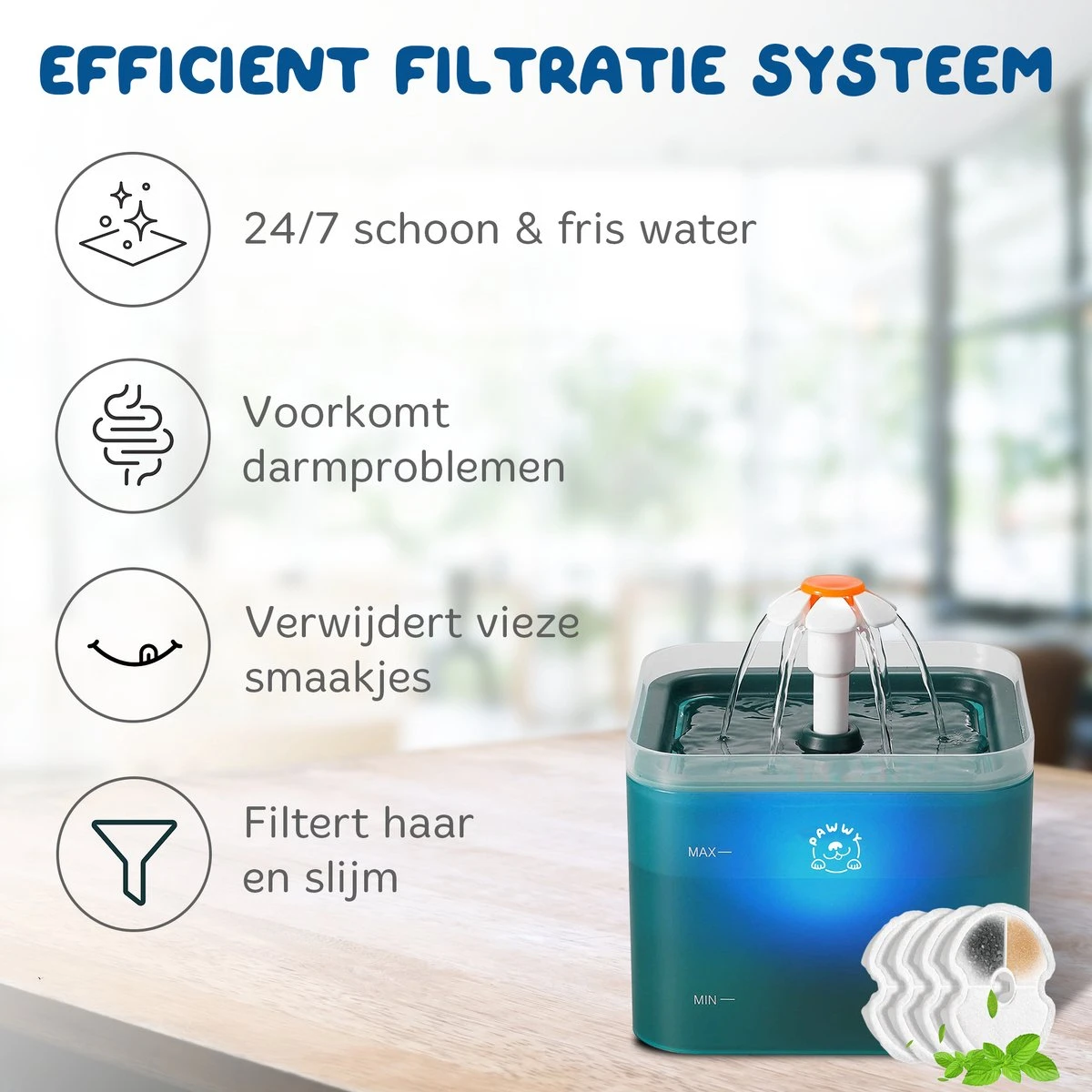 Pawwy® Drinkfontein Kat & Hond – Kattenfontein – Waterfontein Incl. 2 Filters En Schoonmaak Kit - 2 Liter - Groen 6 Pawwy® Drinkfontein Kat & Hond – Kattenfontein – Waterfontein Incl. 2 Filters En Schoonmaak Kit - 2 Liter - Groen - Image 4