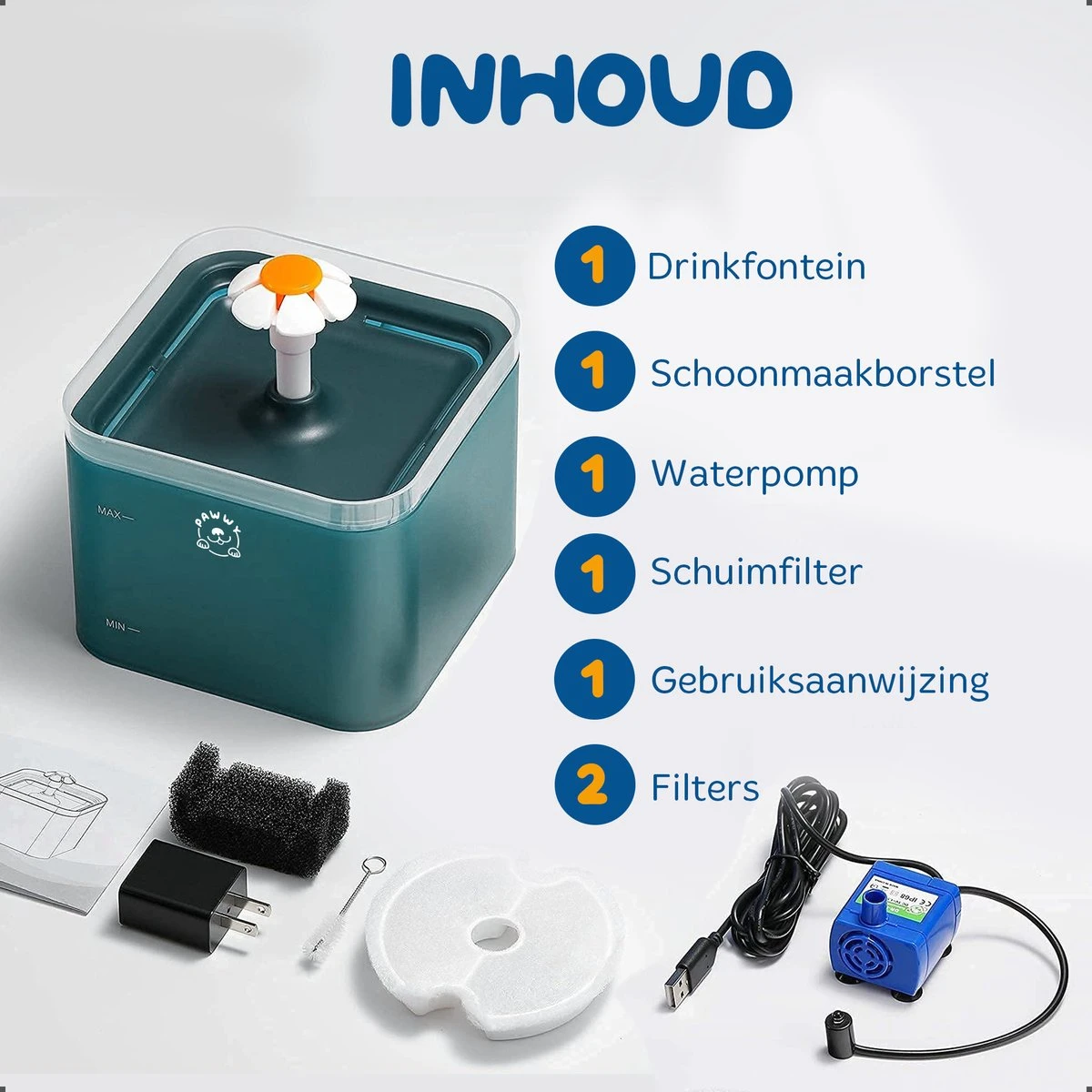 Pawwy® Drinkfontein Kat & Hond – Kattenfontein – Waterfontein Incl. 2 Filters En Schoonmaak Kit - 2 Liter - Groen 11 Pawwy® Drinkfontein Kat & Hond – Kattenfontein – Waterfontein Incl. 2 Filters En Schoonmaak Kit - 2 Liter - Groen - Image 9
