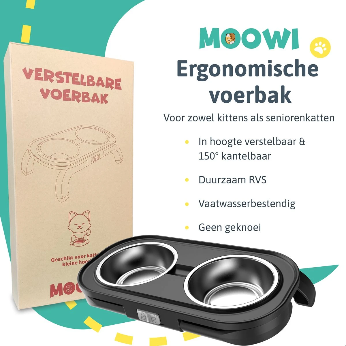 Moowi - In Hoogte Verstelbare Voerbak Voor Kat - Dubbele RVS Etensbak - Ook Voor Kleine Hond - Drinkbak - Ergonomisch - 350 ML - 14 CM - Zwart 11 Moowi - In Hoogte Verstelbare Voerbak Voor Kat - Dubbele RVS Etensbak - Ook Voor Kleine Hond - Drinkbak - Ergonomisch - 350 ML - 14 CM - Zwart - Image 9