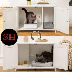 Merkloos Signature Home Wittykitty Kattenbak - Kattenkast - Kattenbakkast - Kattenhuis Met Deur En Aparte Scheidingswand - Kattenbak Opbergdoos - Wit - 80 X 54 X 50.5 Cm -Huisdierbenodigdheden Korting 1200x1200 2748