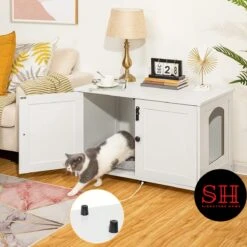 Merkloos Signature Home Wittykitty Kattenbak - Kattenkast - Kattenbakkast - Kattenhuis Met Deur En Aparte Scheidingswand - Kattenbak Opbergdoos - Wit - 80 X 54 X 50.5 Cm -Huisdierbenodigdheden Korting 1200x1200 2749