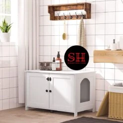 Merkloos Signature Home Wittykitty Kattenbak - Kattenkast - Kattenbakkast - Kattenhuis Met Deur En Aparte Scheidingswand - Kattenbak Opbergdoos - Wit - 80 X 54 X 50.5 Cm -Huisdierbenodigdheden Korting 1200x1200 2752