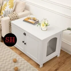 Merkloos Signature Home Wittykitty Kattenbak - Kattenkast - Kattenbakkast - Kattenhuis Met Deur En Aparte Scheidingswand - Kattenbak Opbergdoos - Wit - 80 X 54 X 50.5 Cm -Huisdierbenodigdheden Korting 1200x1200 2753