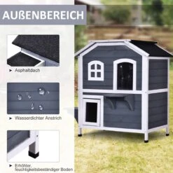 PawHut Kattenhuis Voor Buiten Kattenhut Met 2 Verdiepingen Kattenvilla, Asfaltdak, Massief Hout Grijs D30-236 -Huisdierbenodigdheden Korting 1200x1200 3241