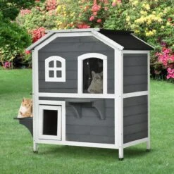 PawHut Kattenhuis Voor Buiten Kattenhut Met 2 Verdiepingen Kattenvilla, Asfaltdak, Massief Hout Grijs D30-236 -Huisdierbenodigdheden Korting 1200x1200 3242
