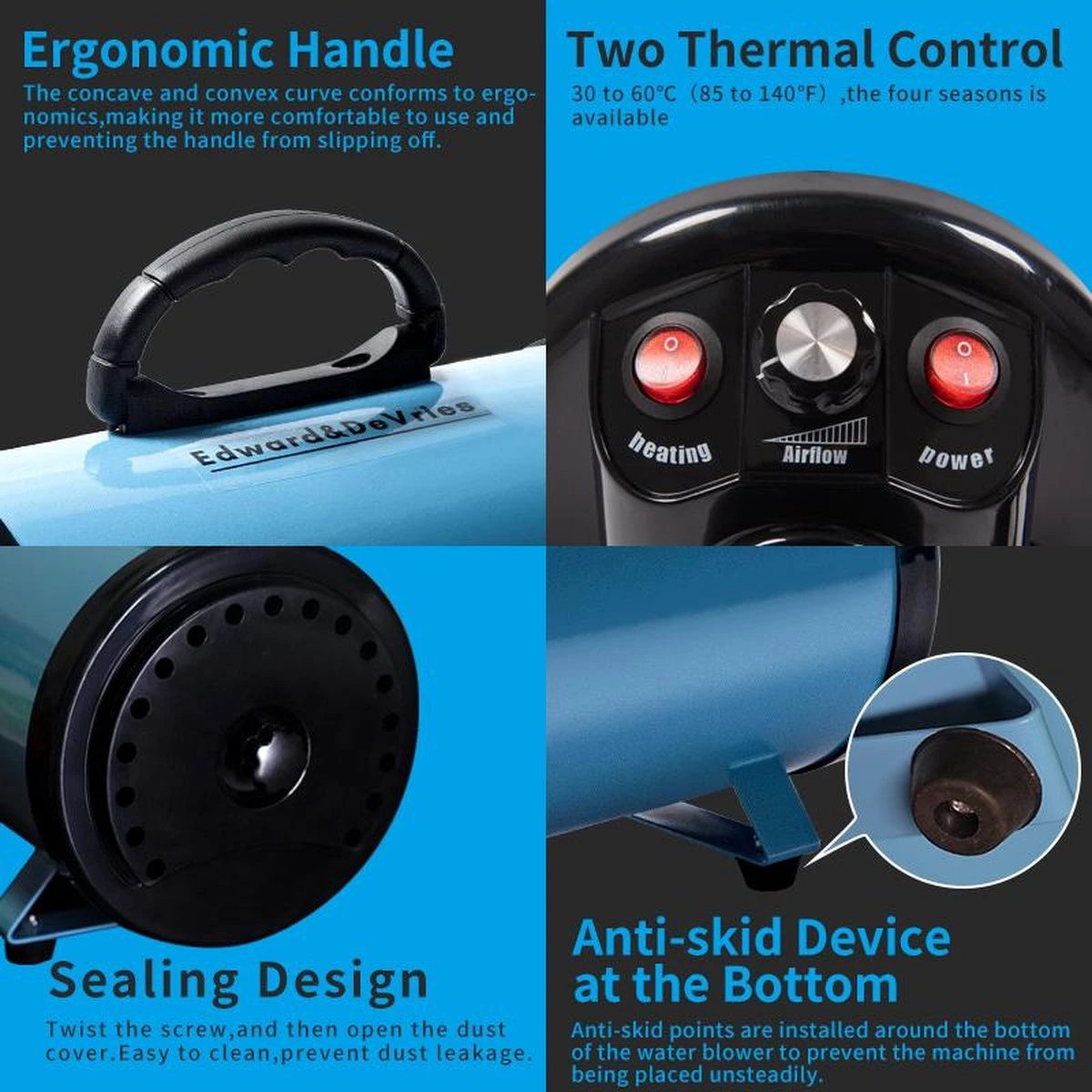 Merkloos Edward&DeVries Professionele Hondenföhn Met 4 Opzetstukken – Waterblazer Voor Honden – Stil Design – Krachtig + Extra Filter & Droogdoek - Blauw 4 Merkloos Edward&DeVries Professionele Hondenföhn Met 4 Opzetstukken – Waterblazer Voor Honden – Stil Design – Krachtig + Extra Filter & Droogdoek - Blauw - Image 2