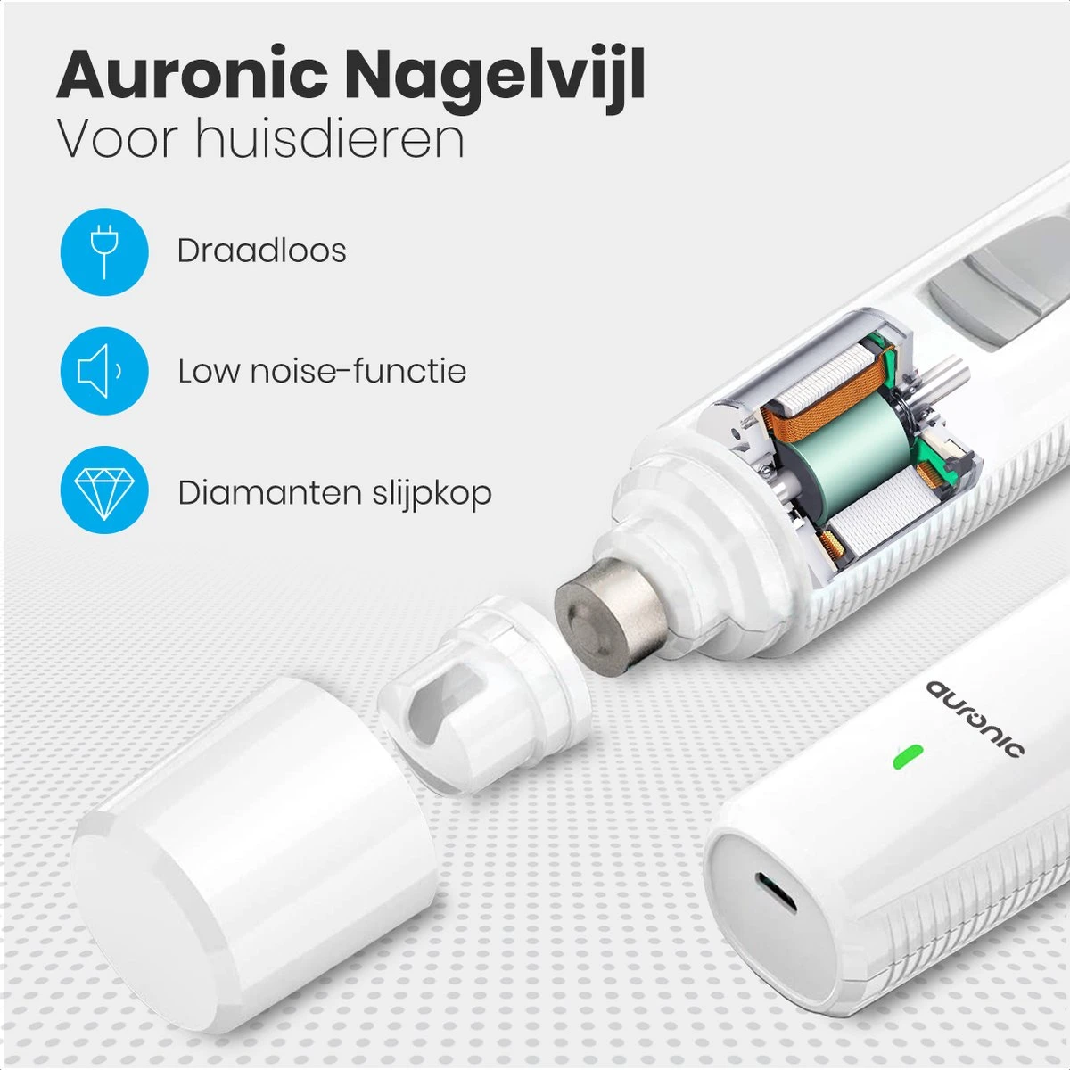 Auronic Elektrische Nagelvijl - Voor Dieren - Oplaadbaar - Draadloos - Diamant Vijlkop - Hond/Katten - Wit 4 Auronic Elektrische Nagelvijl - Voor Dieren - Oplaadbaar - Draadloos - Diamant Vijlkop - Hond/Katten - Wit - Image 2