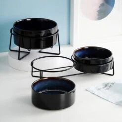 GIZMO Voerbak Kat Dubbel - Zwart/Blauw - 2 Keramische Drink- & Voerbakken Met Standaard - Drinkbak / Voerbak Kat - 13 Cm - 400ML -Huisdierbenodigdheden Korting 1200x1200 999