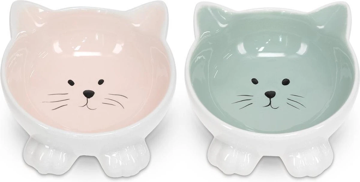 Navaris Voerbakjes Voor Katten - Set Van 2 Voer- En Waterbakken - Etensbak Van Keramiek - Met Antislip Voetjes - Kattenvorm - Roze/Groen 7 Navaris Voerbakjes Voor Katten - Set Van 2 Voer- En Waterbakken - Etensbak Van Keramiek - Met Antislip Voetjes - Kattenvorm - Roze/Groen - Image 5