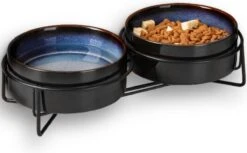 GIZMO Voerbak Kat Dubbel - Zwart/Blauw - 2 Keramische Drink- & Voerbakken Met Standaard - Drinkbak / Voerbak Kat - 13 Cm - 400ML