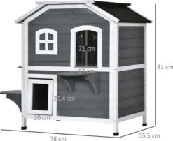 PawHut Kattenhuis Voor Buiten Kattenhut Met 2 Verdiepingen Kattenvilla, Asfaltdak, Massief Hout Grijs D30-236 -Huisdierbenodigdheden Korting 1200x983 4