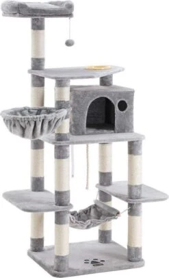 Merkloos Stevige Krabpaal Met Kattenbak, Met Sisal Omwikkelde Krabpunten, Mand En Grot, Klimboom Voor Katten 164 Cm Hoog, Lichtgrijs PCT99W -Huisdierbenodigdheden Korting 731x1200 2