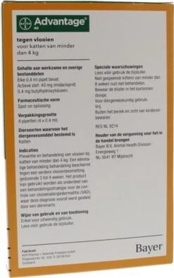 Bayer Advantage 40 Tegen Vlooien - <4kg - 4 X 0,4 Ml - Adult -Huisdierbenodigdheden Korting 752x1200