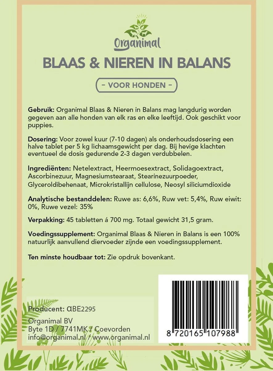 Blaas En Nieren In Balans - Hond (tot 30kg) - O.a. Bij Blaasontsteking En Blaasgruis - 45 Tabletten A 700mg 4 Blaas En Nieren In Balans - Hond (tot 30kg) - O.a. Bij Blaasontsteking En Blaasgruis - 45 Tabletten A 700mg - Image 2
